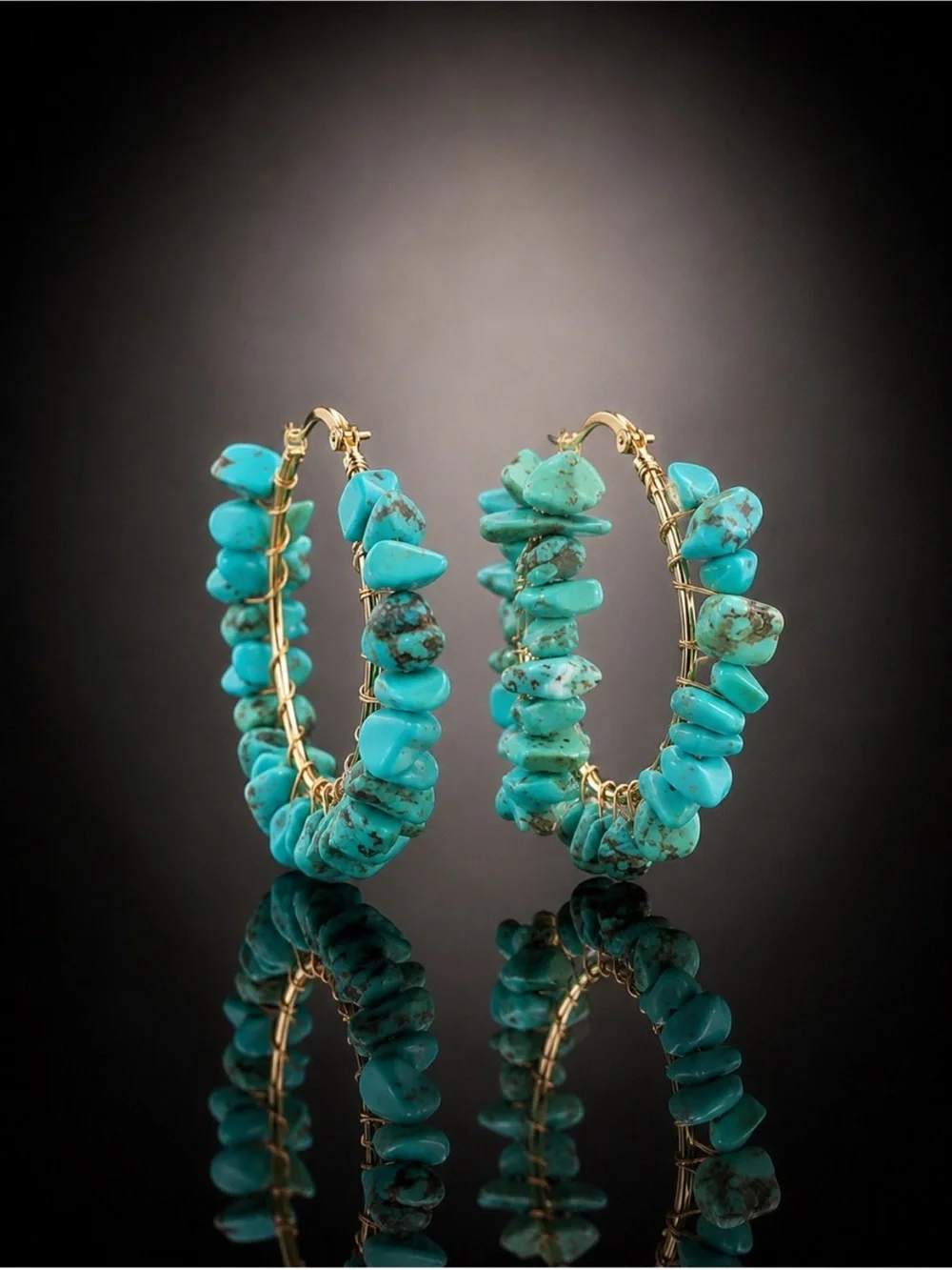 Artisan Gold Hoop Earrings with Turquoise